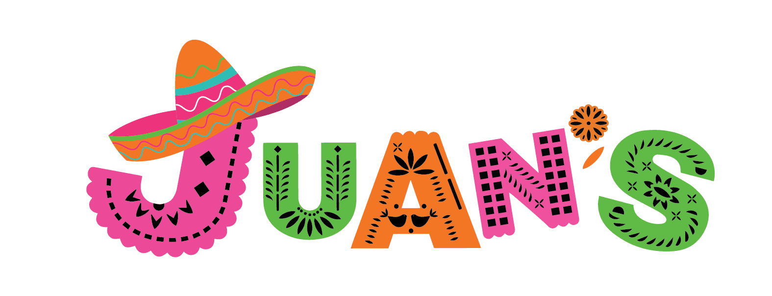 Juan's Authentic Mexican Restaurant Mississippi - Colorful, stylized text spells BY JUANS—perfect for an authentic Mexican food Biloxi Mississippi eatery. The J is a pink sombrero, U is teal with leaf patterns, A is orange with decoration, N is purple with squares, and S is green with a flower design.