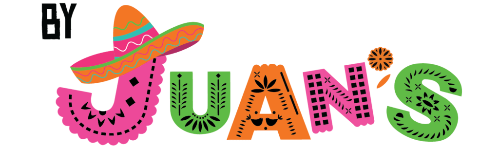 Juan's Authentic Mexican Restaurant Mississippi - Colorful text reads BY JUANS with each letter decorated in a festive, Mexican-inspired style—just like the vibrant décor you'd find at a family Mexican restaurant in Poplarville MS; the J wears a sombrero, and other letters feature lively cut-out designs.