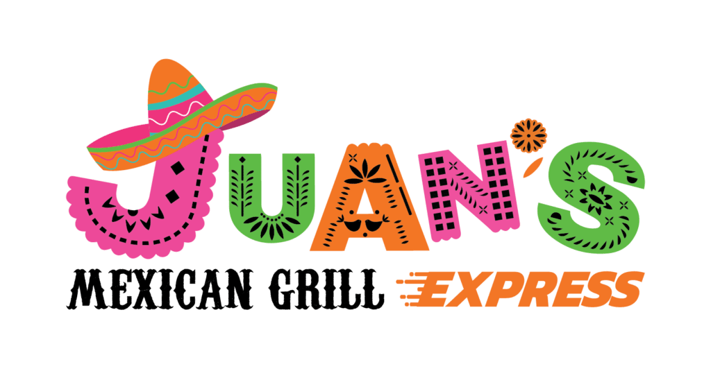 Juan's Authentic Mexican Restaurant Mississippi - Colorful logo for JUANS Mexican Grill EXPRESS, a family Mexican restaurant Poplarville MS, with festive patterns in the letters, a sombrero on the J, and EXPRESS in bold orange italics.