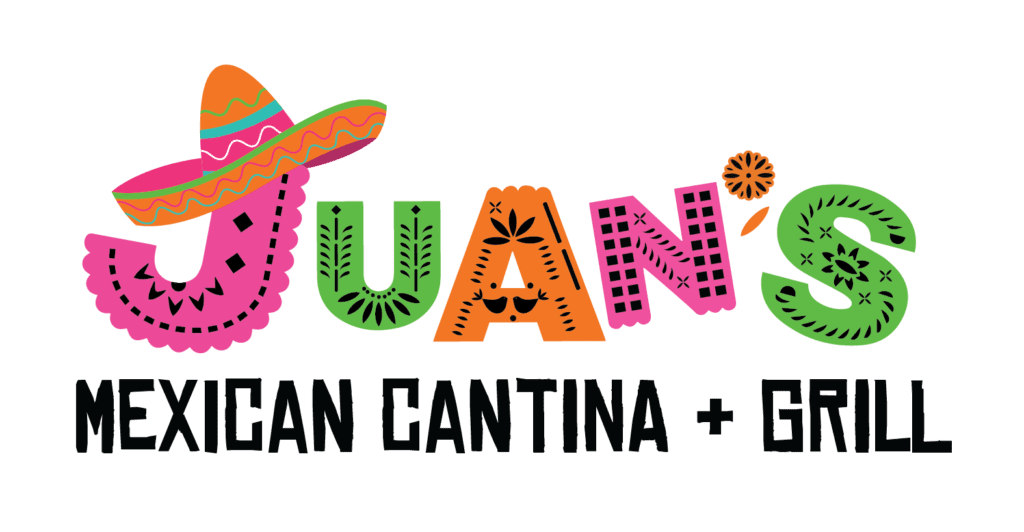 Juan's Authentic Mexican Restaurant Mississippi - Colorful JUANS text with a decorated sombrero on the J, each letter in a festive style. Below, MEXICAN CANTINA + GRILL in bold black letters—your spot for the best tacos near me on the Gulf Coast MS.