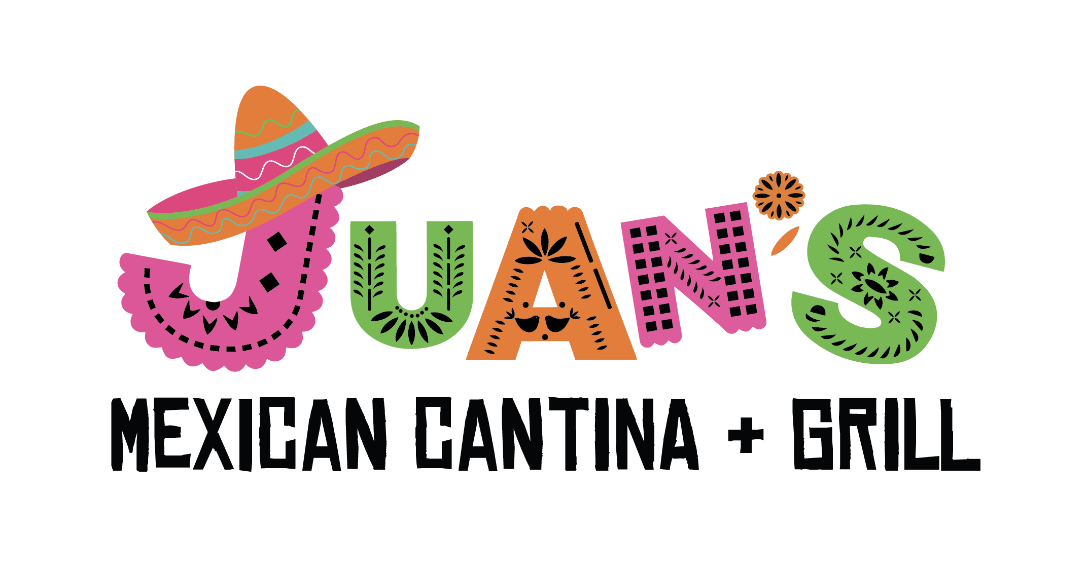 Juan's Authentic Mexican Restaurant Mississippi - Colorful logo for Juans Mexican Cantina + Grill, known for Mexican food Scottsboro Alabama. "JUANS" features festive, decorated letters with a sombrero on the J, and the bold subtitle is in black, uppercase text.