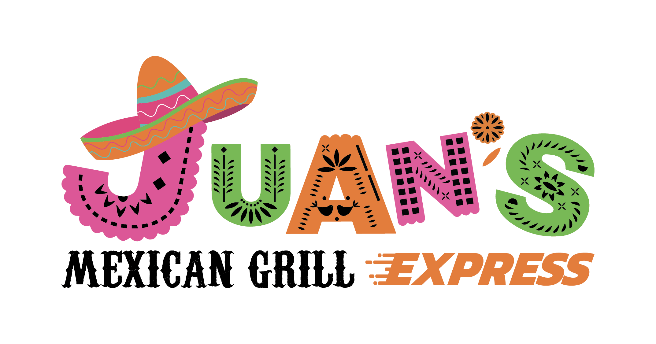 Juan's Authentic Mexican Restaurant Mississippi - Logo for Juans Mexican Grill Express featuring colorful, patterned letters with a vibrant sombrero above the J and decorative designs, capturing a festive, Mexican-inspired look—perfect for the best tacos near me Gulf Coast MS.