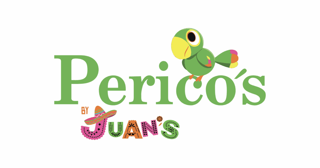 Juan's Authentic Mexican Restaurant Mississippi - Logo with the word Perico’s in green, featuring a cartoon parrot above the letters. Below, it says by Juan’s in colorful, patterned letters, with a small sombrero on the J—perfect for an authentic Mexican restaurant Long Beach MS.