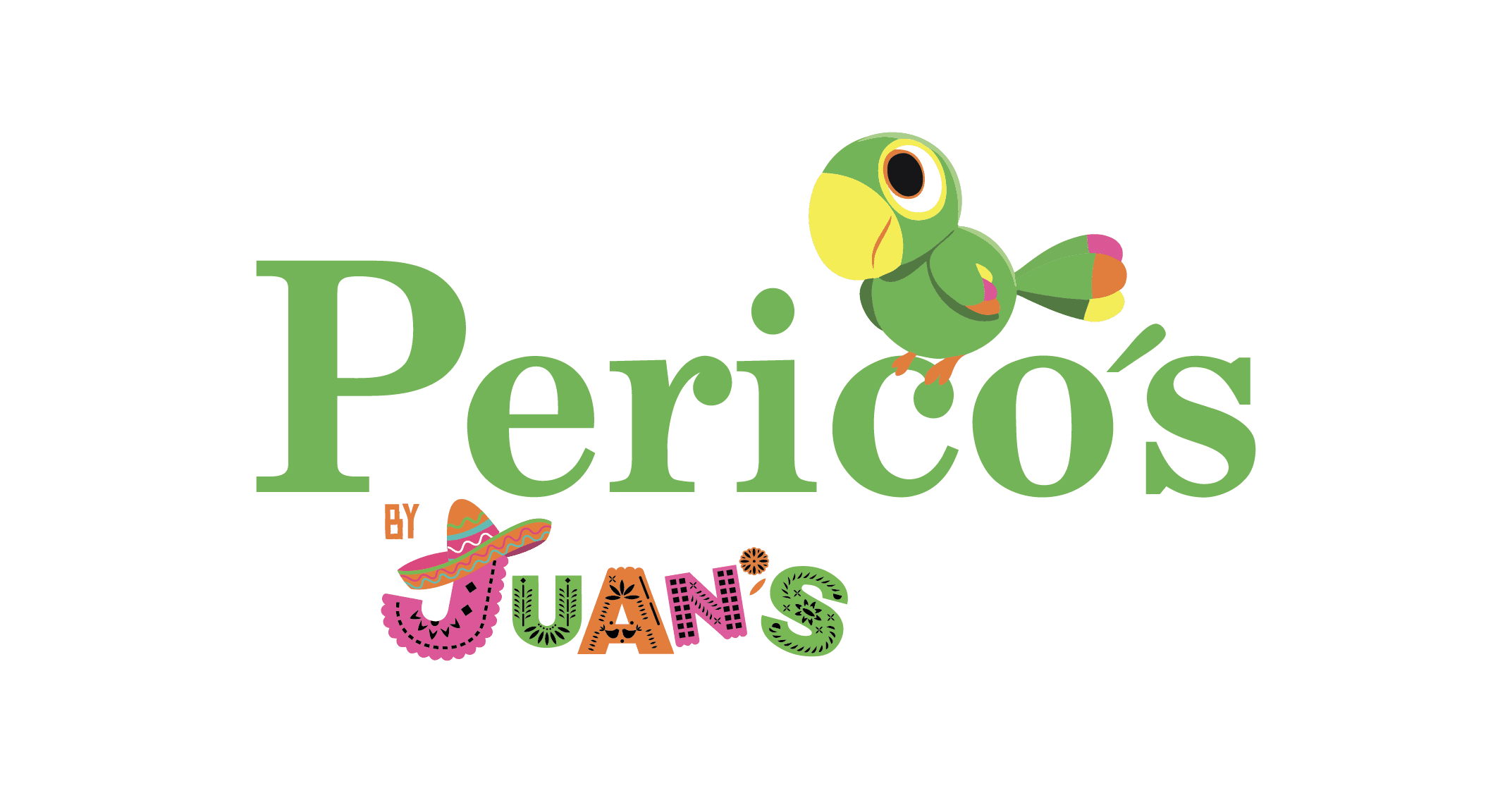 Juan's Authentic Mexican Restaurant Mississippi - Logo with the word Perico’s in green, featuring a cartoon parrot above the letters. Below, it says by Juan’s in colorful, patterned letters, with a small sombrero on the J—perfect for an authentic Mexican restaurant Long Beach MS.