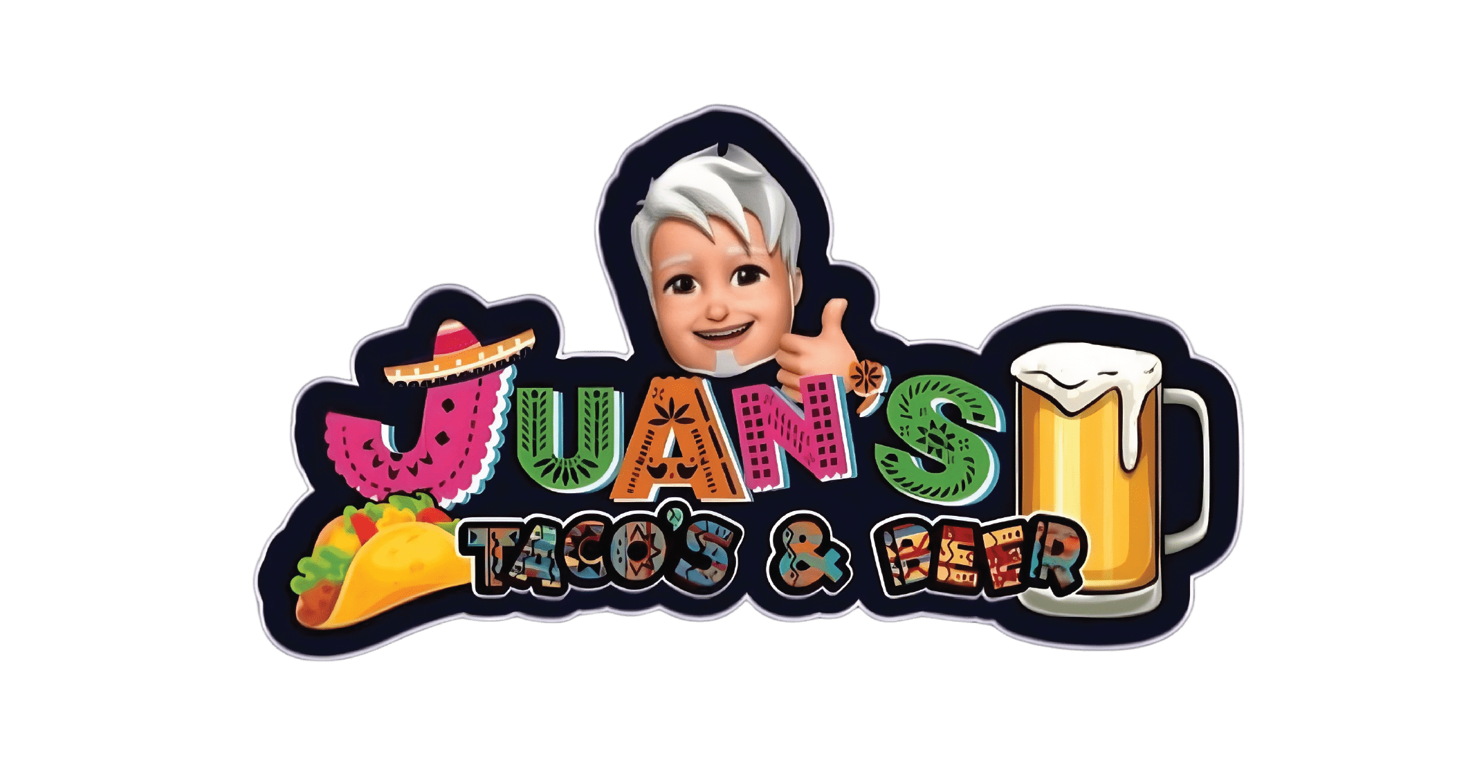 Juan's Authentic Mexican Restaurant Mississippi - Logo for Juans Tacos & Beer—a Mexican restaurant Long Beach MS—featuring a cartoon character with gray hair giving a thumbs up, colorful text, a taco, sombrero, and frothy mug of beer.